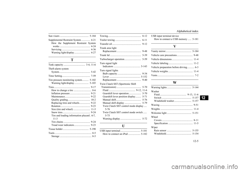 MITSUBISHI LANCER 2015 8.G User Guide Alphabetical index 
12-5
12
Sun visors 
.....................
...................
5-184 
Supplemental Restraint System 
............
4-21 
How the Supplement Restraint System works 
..................