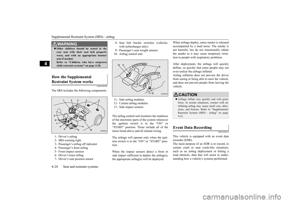 MITSUBISHI LANCER 2015 8.G Owners Manual Supplemental Restraint System (SRS) - airbag 4-24 Seat and restraint systems
4
N00407800506
The SRS includes the following components:
The airbag control unit monitors the readiness of the electronic MITSUBISHI LANCER 2015 8.G Owners Manual Supplemental Restraint System (SRS) - airbag 4-24 Seat and restraint systems
4
N00407800506
The SRS includes the following components:
The airbag control unit monitors the readiness of the electronic