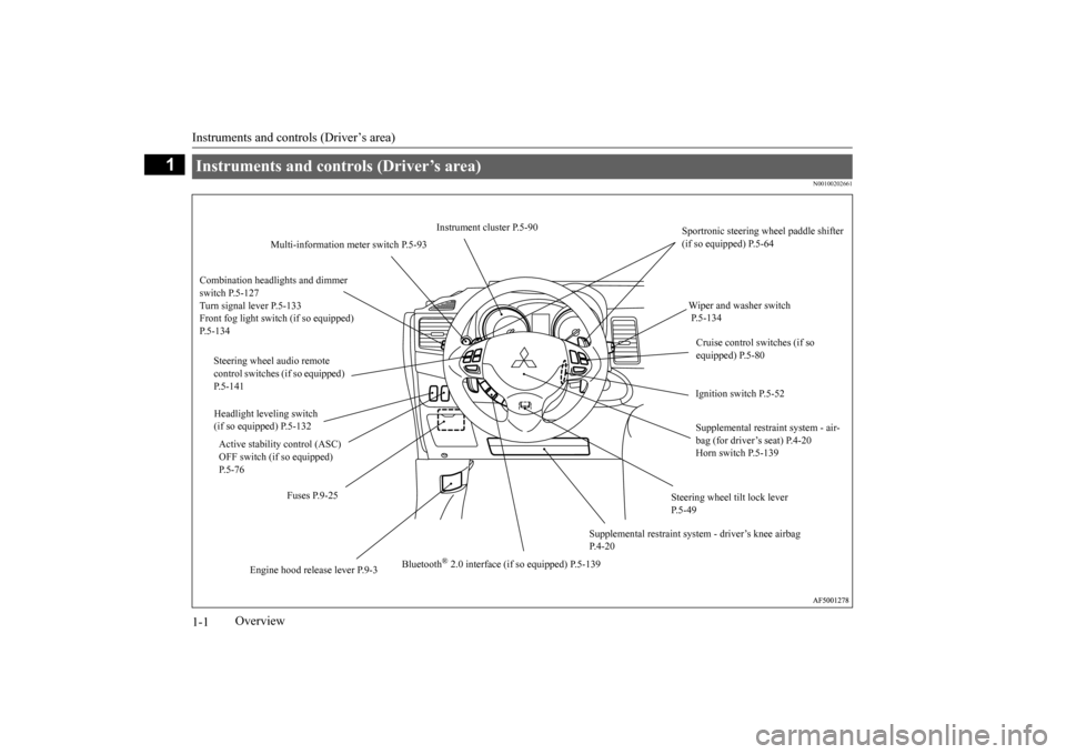 MITSUBISHI LANCER 2016 8.G Owners Manual Instruments and controls (Driver’s area)1-1
1
Overview
N0010020
2661
Instruments and contr
ols (Driver
’s ar
ea) 
Instrument clus
ter P.5-90
Sportronic steering wheel paddle shifter (if so equippe
