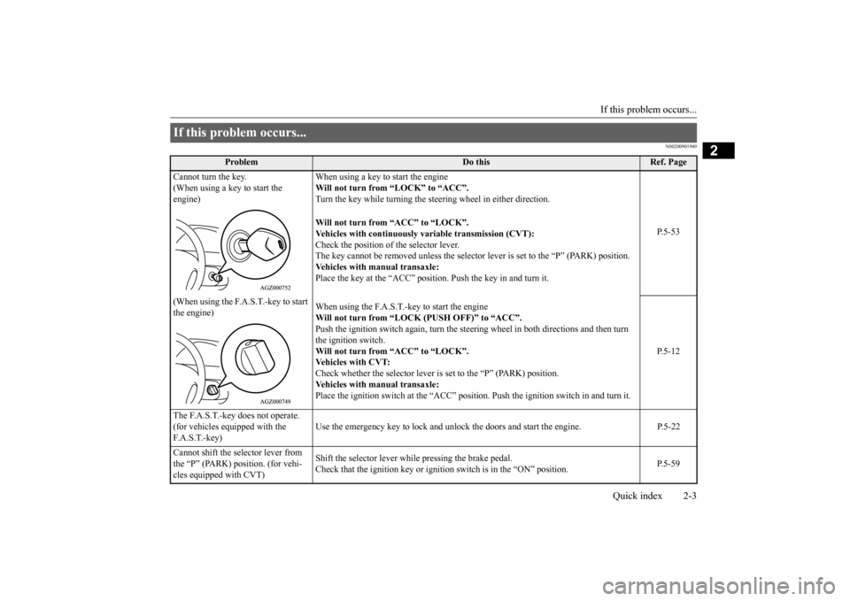 MITSUBISHI LANCER 2016 8.G Owners Manual If this problem occurs...
Quick index
2-3
2
N00200901
949
If this pr
oblem occurs... Problem
Do this
Ref. Page
Cannot turn the ke
y.
(When using a key to start the engine)
When using a key to start th