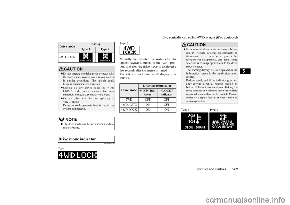 MITSUBISHI LANCER 2016 8.G Owners Manual Electronically controlled 4WD system (if so equipped) 
Features and controls 5-69
5
N00549400017
Normally the indicator illuminates when the ignition switch is turned to the “ON” posi- tion, and t