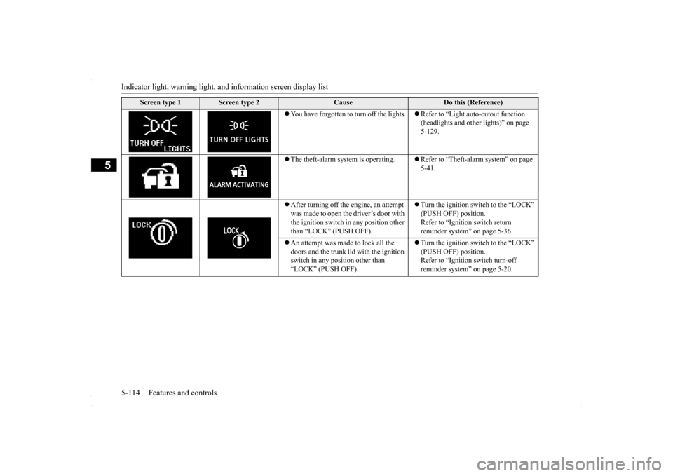 MITSUBISHI LANCER 2016 8.G Owners Manual Indicator light, warning light, an
d information screen display list 
5-114 Features and controls
5
 You have forgotten to turn off the lights.
Refer to “Light auto-cutout function  (headlight