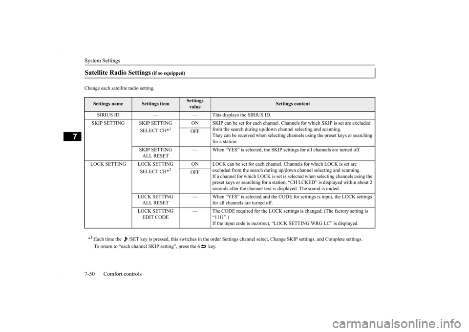 MITSUBISHI LANCER 2016 8.G Owners Manual System Settings 7-50 Comfort controls
7
Change each satellite radio setting.Satellite Radio Settings
(if so equipped)
Settings name
Settings item
Settings value
Settings content
SIRIUS ID — — T MITSUBISHI LANCER 2016 8.G Owners Manual System Settings 7-50 Comfort controls
7
Change each satellite radio setting.Satellite Radio Settings
(if so equipped)
Settings name
Settings item
Settings value
Settings content
SIRIUS ID — — T