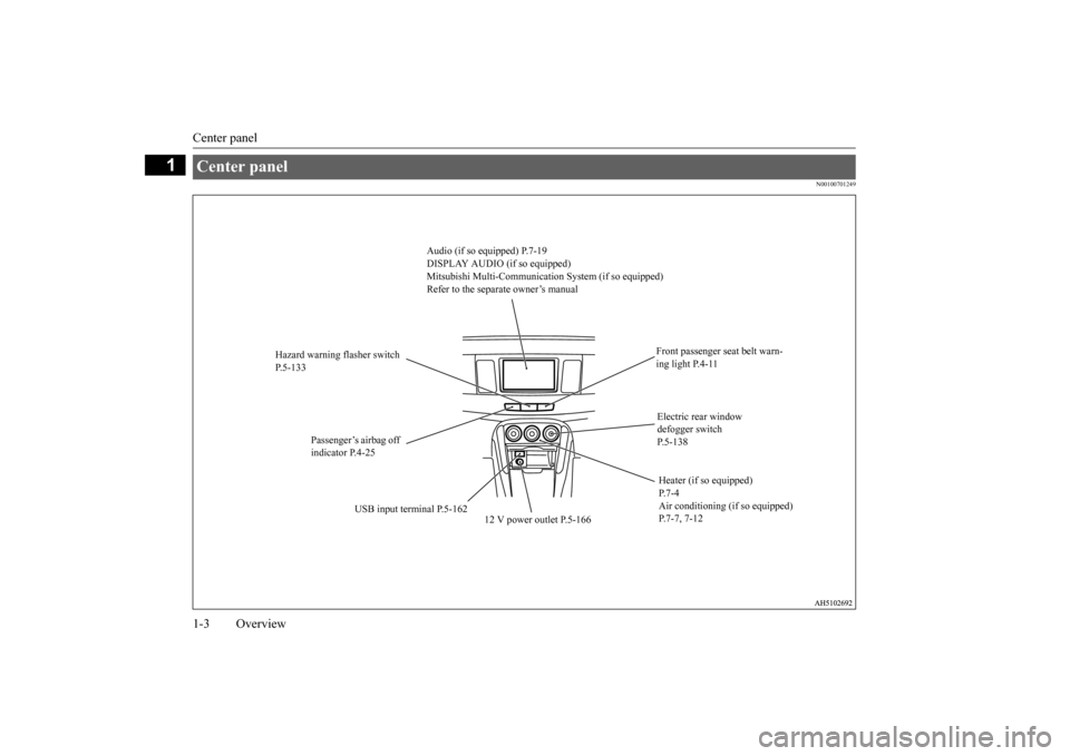 MITSUBISHI LANCER 2016 8.G Owners Manual Center panel1-3
Overview
1
N0010070
1249
Center panel 
Audio (if so equipped) P
.7-19
DISPLA
Y AUDIO (if so equipped)
Mitsu
bishi Multi-Communication
 Sy
stem (i
f so equipped)
Refer to the separate o
