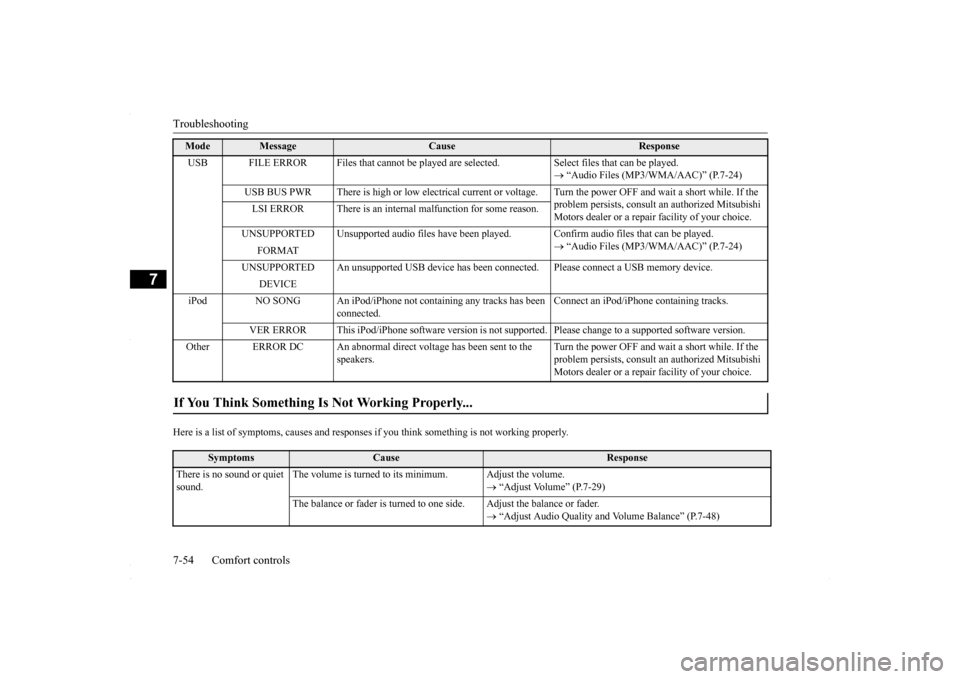 MITSUBISHI LANCER 2016 8.G Owners Manual Troubleshooting 7-54 Comfort controls
7
Here is a list of symptoms, causes and responses
if you think something is not working properly.
USB FILE ERROR Files that cannot be played are
selected. S MITSUBISHI LANCER 2016 8.G Owners Manual Troubleshooting 7-54 Comfort controls
7
Here is a list of symptoms, causes and responses
if you think something is not working properly.
USB FILE ERROR Files that cannot be played are
selected. S