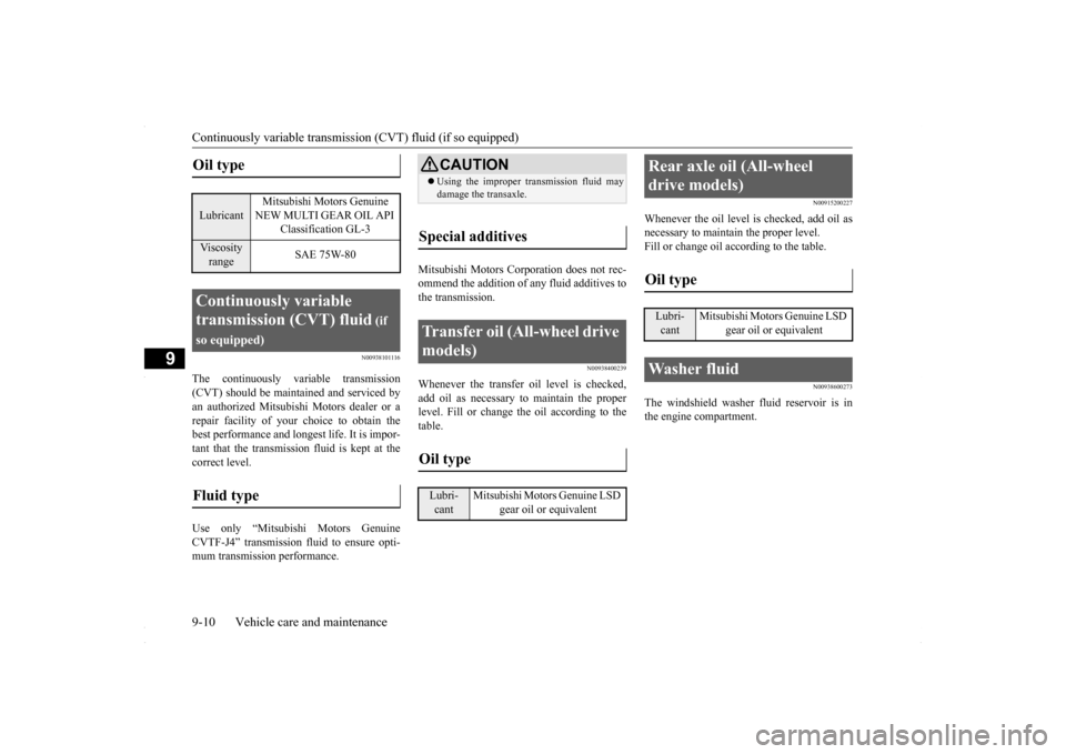 MITSUBISHI LANCER 2016 8.G Owners Manual Continuously variable transmissi
on (CVT) fluid (if so equipped) 
9-10 Vehicle care and maintenance
9
N00938101116
The continuously variable transmission (CVT) should be maintained and serviced by an 