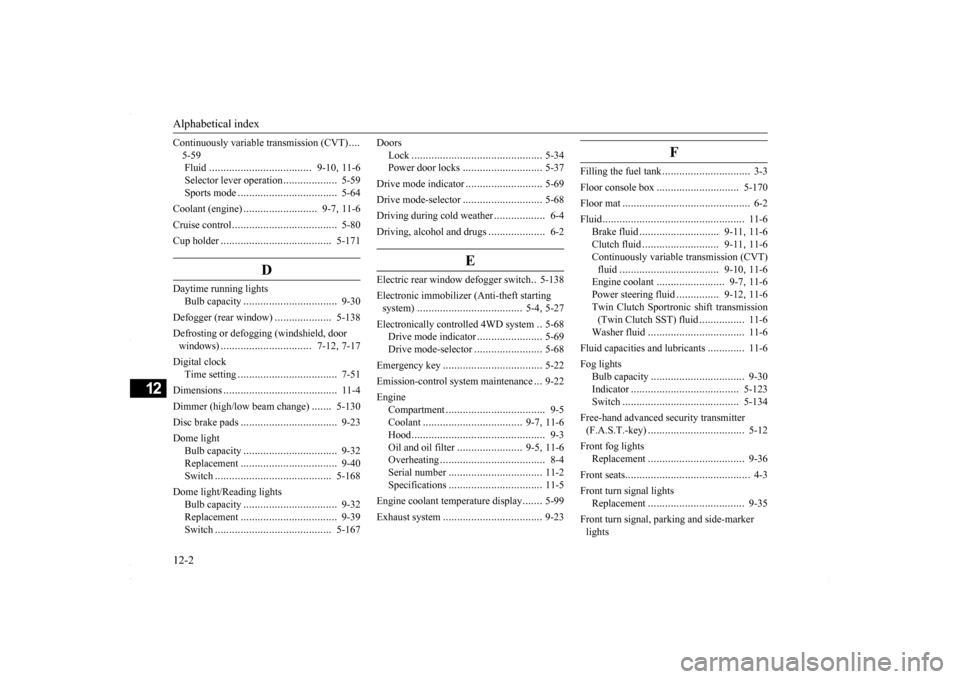 MITSUBISHI LANCER 2016 8.G Repair Manual Alphabetical index 12-2
12
Continuously variable transmission (CVT) 
.... 
5-59 Fluid 
.....................
...............
9-10
, 11-6 
Selector lever operation 
...................
5-59 
Sports mod