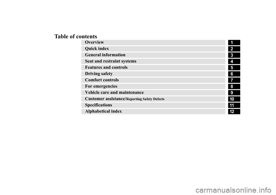 MITSUBISHI LANCER 2017 8.G Owners Manual Table of contents
123456789101112
Overview Quick indexGeneral information Seat and restraint systems Features and controlsDriving safetyComfort controlsFor emergenciesVehicle care and maintenance Cust