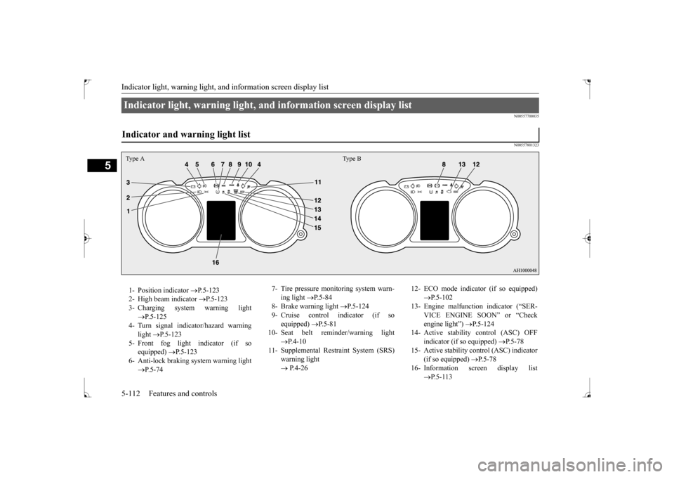 MITSUBISHI LANCER 2017 8.G Owners Manual Indicator light, warning light, an
d information screen display list 
5-112 Features and controls
5
N00557700035 N00557801323
Indicator light, warning light, and information screen display list Indica