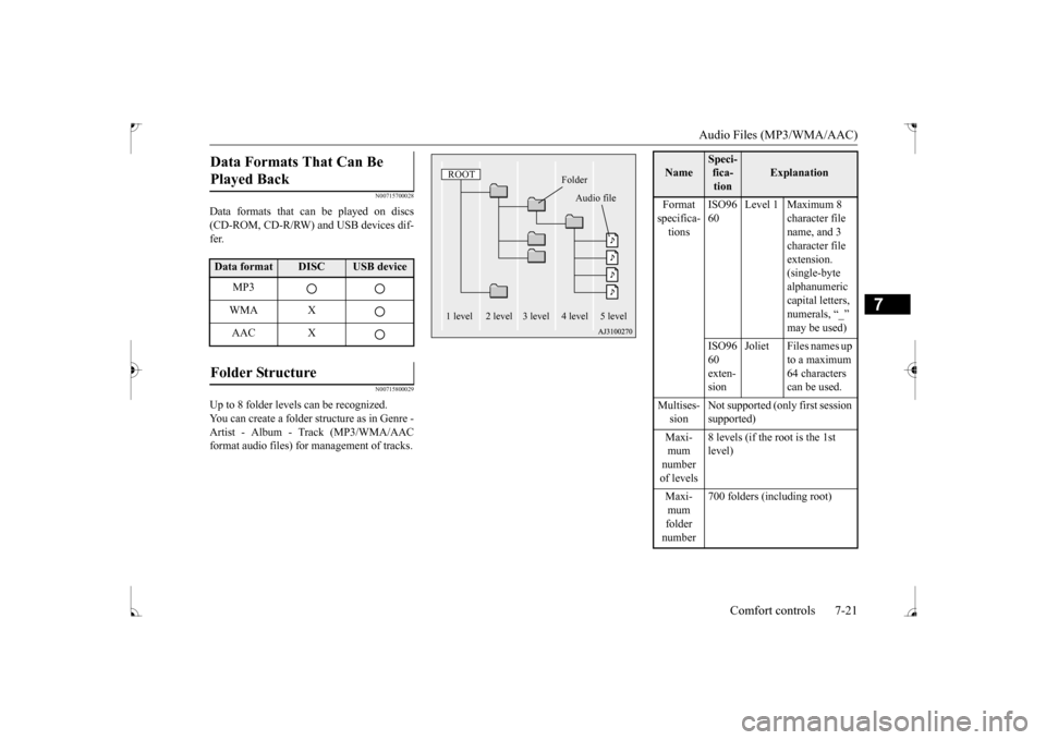 MITSUBISHI LANCER 2017 8.G Owners Manual Audio Files (MP3/WMA/AAC) 
Comfort controls 7-21
7
N00715700028
Data formats that can be played on discs (CD-ROM, CD-R/RW) and USB devices dif- fer.
N00715800029
Up to 8 folder levels can be recognize