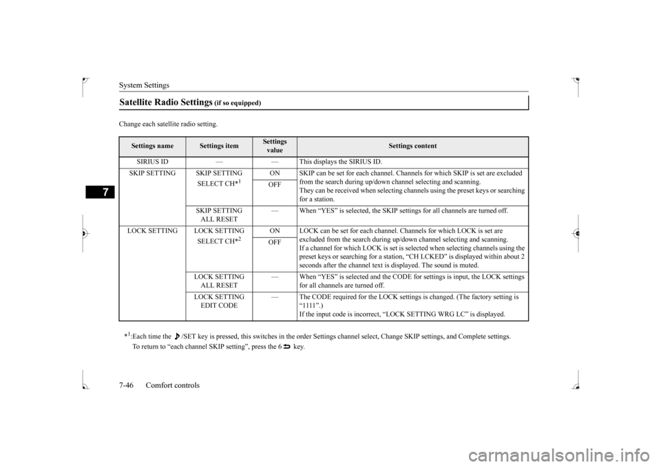 MITSUBISHI LANCER 2017 8.G Owners Manual System Settings 7-46 Comfort controls
7
Change each satellite radio setting.Satellite Radio Settings
 (if so equipped)
Settings name
Settings item
Settings  value
Settings content 
SIRIUS ID — — T