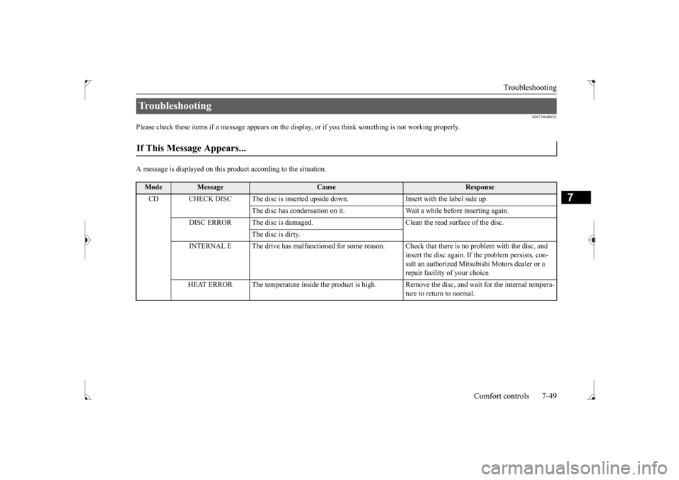 MITSUBISHI LANCER 2017 8.G Owners Manual Troubleshooting 
Comfort controls 7-49
7
N00718600031
Please check these items if a message appears on the disp 
lay, or if you think something is not working properly. 
A message is displayed on this