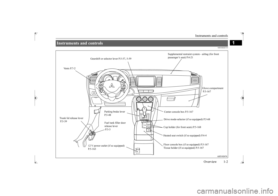 MITSUBISHI LANCER 2017 8.G Owners Manual Instruments and controls 
Overview 1-2
1
N00100202733
Instruments and controls 
Gearshift or selector lever P.5-57, 5-59 
Vents P.7-2 
Supplemental restraint system - airbag (for front  passenger’s 