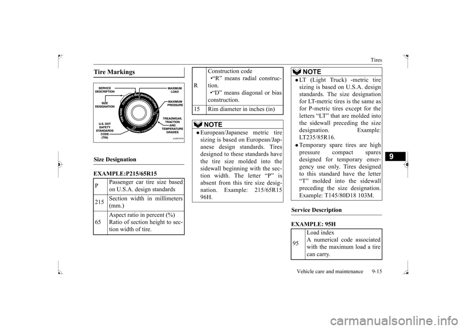 MITSUBISHI LANCER 2017 8.G User Guide Tires 
Vehicle care and maintenance 9-15
9
EXAMPLE:P215/65R15 
EXAMPLE: 95H
Tire Markings Size Designation  P 
Passenger car tire size based on U.S.A. design standards 
215 
Section width in millimete