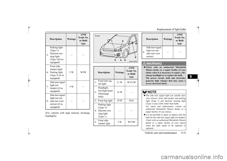 MITSUBISHI LANCER 2017 8.G Owners Manual Replacement of light bulbs 
Vehicle care and maintenance 9-31
9
[For vehicles with high intensity discharge headlights] 5- 
Parking light  (Type 1)/ Daytime run-ning light  (Type 1)(if so  equipped) 
