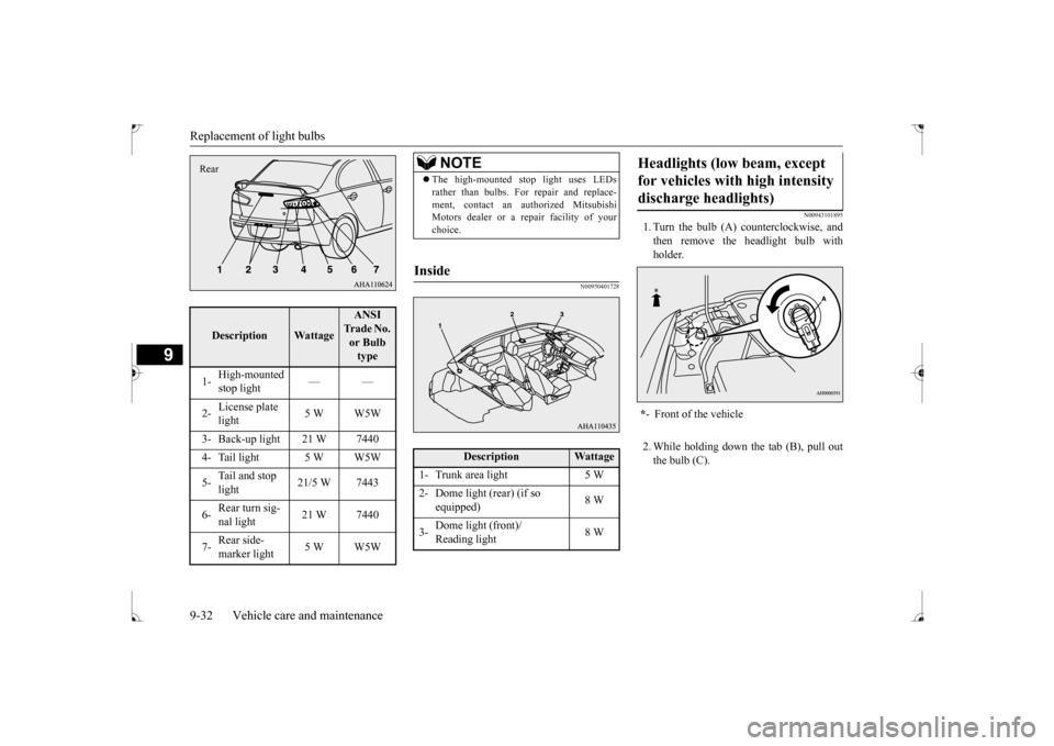 MITSUBISHI LANCER 2017 8.G Owners Manual Replacement of light bulbs 9-32 Vehicle care and maintenance
9
N00950401728 
N00943101895
1. Turn the bulb (A) counterclockwise, and then remove the headlight bulb with holder. 2. While holding down t