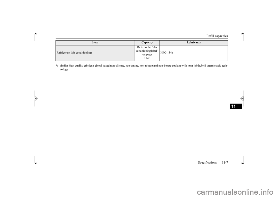 MITSUBISHI LANCER 2017 8.G Owners Manual Refill capacities 
Specifications 11-7
11
Refrigerant (air conditioning) 
Refer to the “Air  conditioning label”  
on page 11-2. 
HFC-134a  
* : similar high quality ethylene glycol base
d non-sil