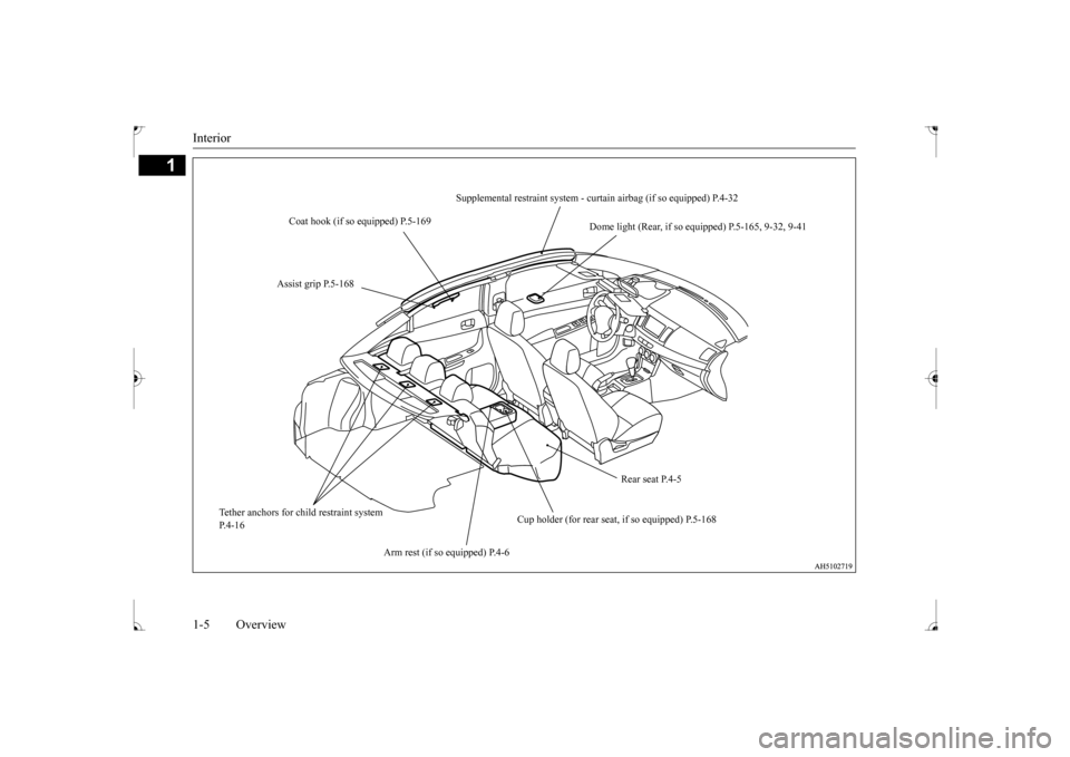 MITSUBISHI LANCER 2017 8.G Owners Manual Interior 1-5 Overview
1
Supplemental restraint system - curt 
ain airbag (if so equipped) P.4-32 
Coat hook (if so equipped) P.5-169 
Dome light (Rear, if so  
equipped) P.5-165, 9-32, 9-41 
Assist gr