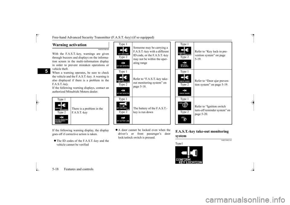 MITSUBISHI LANCER 2017 8.G Owners Manual Free-hand Advanced Security Transmitter (F.A.S.T.-key) (if so equipped) 5-18 Features and controls
5
N00503500160
With the F.A.S.T.-key, warnings are given through buzzers and displays on the informa-