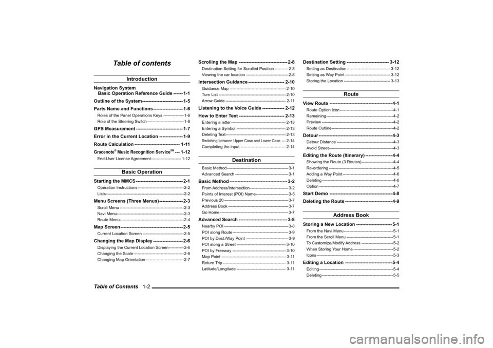 MITSUBISHI LANCER EVOLUTION 2010 10.G MMCS Manual Table of Contents   1-2
Table of contents
Introduction
Navigation System
Basic Operation Reference Guide ------ 1-1
Outline of the System -------------------------- 1-5
Parts Name and Functions ------