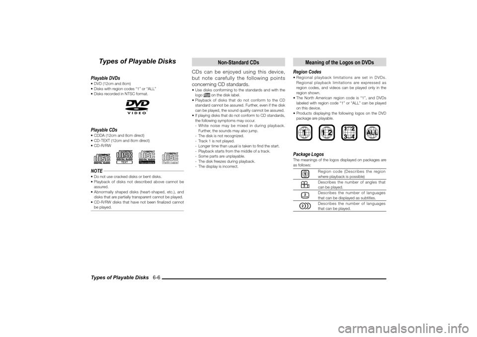 MITSUBISHI LANCER EVOLUTION 2010 10.G MMCS Manual Types of Playable Disks 6-6
Types of Playable Disks
Playable DVDs DVD (12cm and 8cm)
Disks with region codes “1” or “ALL”
Disks recorded in NTSC format.Playable CDs CDDA (12cm and 8cm MITSUBISHI LANCER EVOLUTION 2010 10.G MMCS Manual Types of Playable Disks 6-6
Types of Playable Disks
Playable DVDs DVD (12cm and 8cm)
Disks with region codes “1” or “ALL”
Disks recorded in NTSC format.Playable CDs CDDA (12cm and 8cm