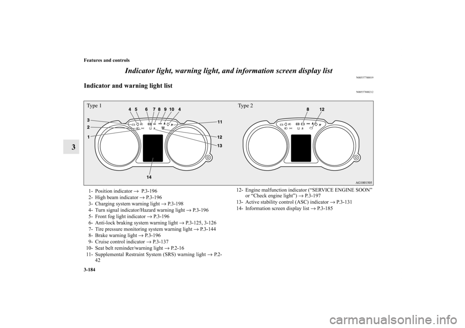 MITSUBISHI LANCER EVOLUTION 2011 10.G Owners Manual 3-184 Features and controls
3Indicator light, warning light, and information screen display list
N00557700019
Indicator and warning light list
N00557800212
Type 1 Type 21- Position indicator →  P.3-