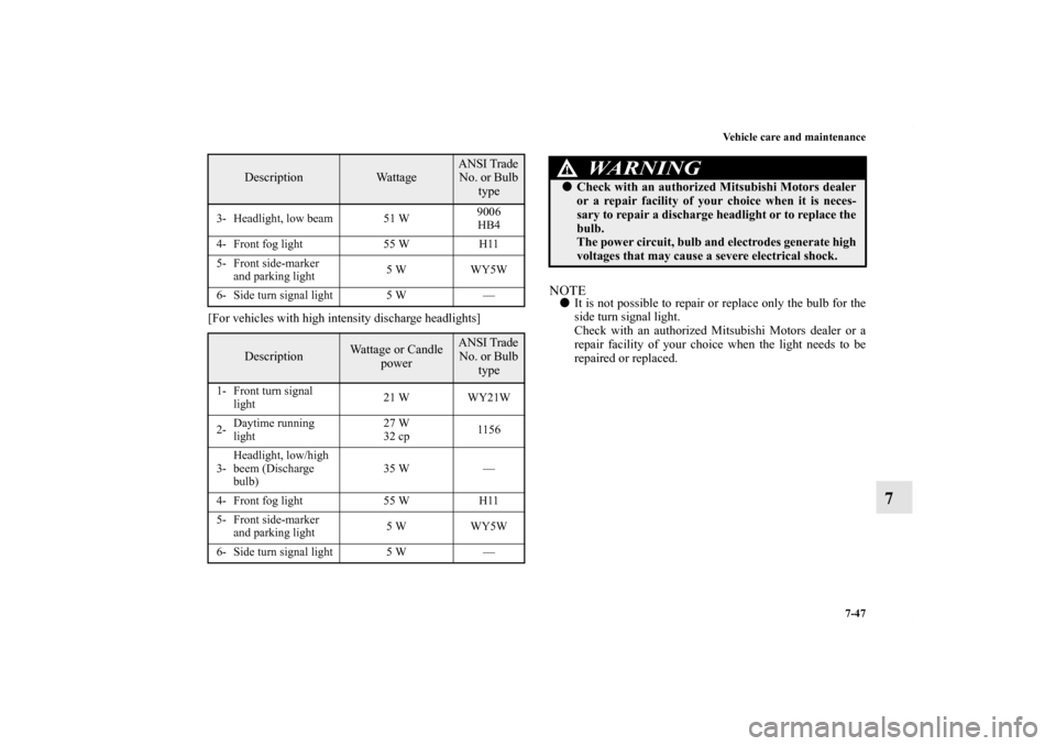 MITSUBISHI LANCER EVOLUTION 2011 10.G Owners Manual Vehicle care and maintenance
7-47
7
[For vehicles with high intensity discharge headlights]
NOTEIt is not possible to repair or replace only the bulb for the
side turn signal light.
Check with an aut