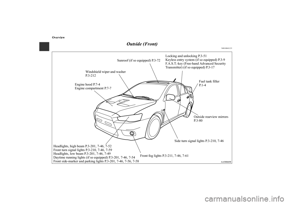 MITSUBISHI LANCER EVOLUTION 2011 10.G Owners Manual Overview
Outside (Front)
N00100601235
Sunroof (if so equipped) P.3-72
Windshield wiper and washer 
P.3-212
Engine hood P.7-4
Engine compartment P.7-7
Headlights, high beam P.3-201, 7-46, 7-52
Front tu