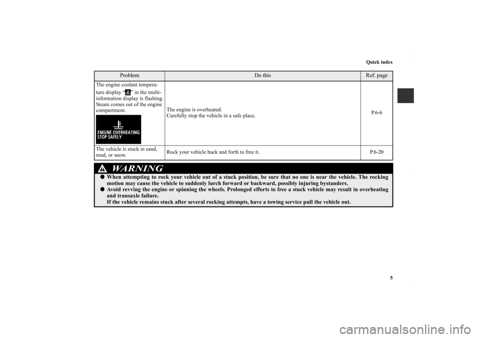 MITSUBISHI LANCER EVOLUTION 2012 10.G User Guide Quick index
5
Problem
Do this
Ref. page
The engine coolant tempera-
ture display “ ” in the multi-
information display is flashing.
Steam comes out of the engine 
compartment.The engine is overhea