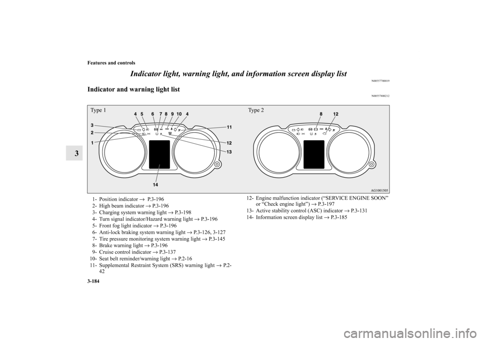 MITSUBISHI LANCER EVOLUTION 2012 10.G Owners Manual 3-184 Features and controls
3Indicator light, warning light, and information screen display list
N00557700019
Indicator and warning light list
N00557800212
Type 1 Type 21- Position indicator →  P.3-