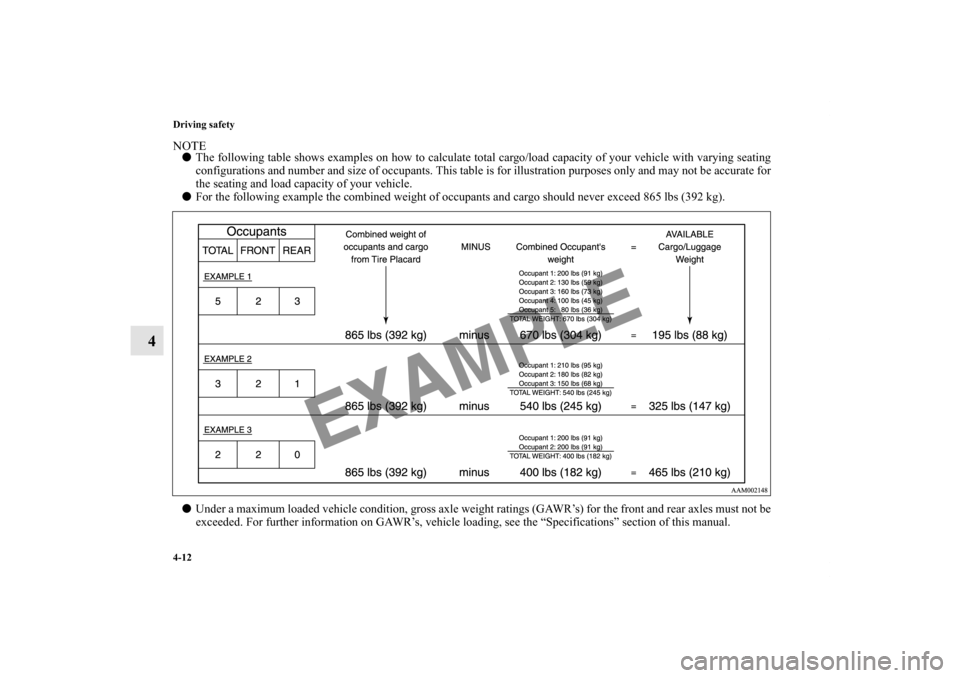 MITSUBISHI LANCER EVOLUTION 2012 10.G Owners Manual 4-12 Driving safety
4
NOTEThe following table shows examples on how to calculate total cargo/load capacity of your vehicle with varying seating
configurations and number and size of occupants. This t