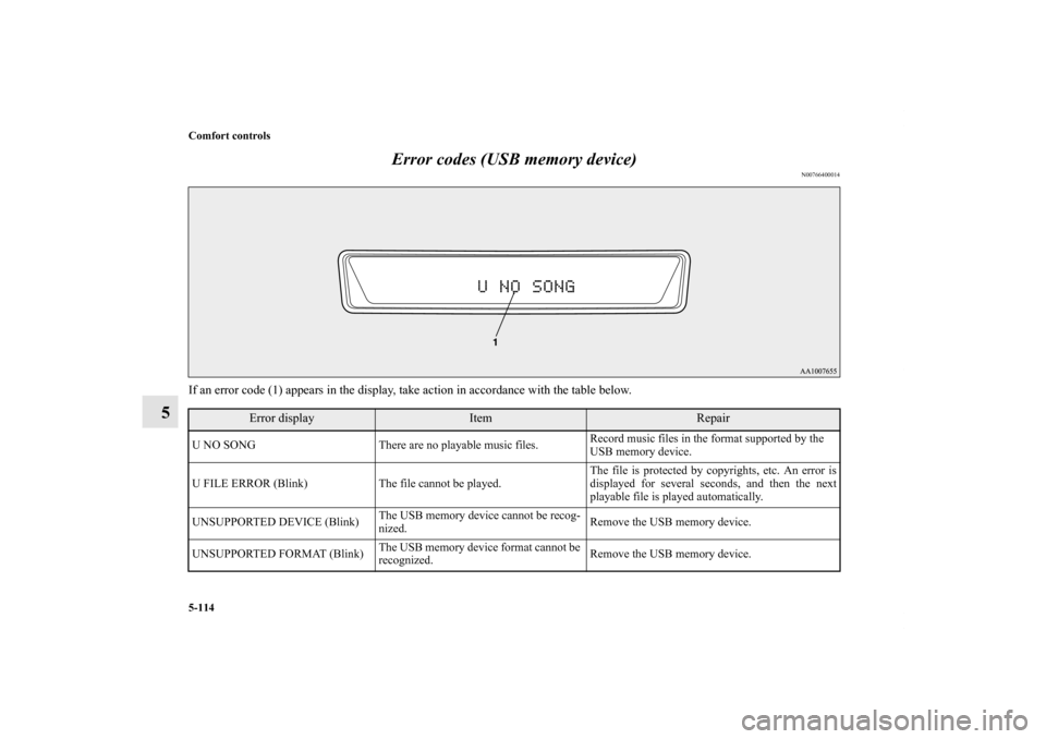 MITSUBISHI LANCER EVOLUTION 2013 10.G Owners Manual 5-114 Comfort controls
5Error codes (USB memory device)
N00766400014
If an error code (1) appears in the display, take action in accordance with the table below.
Error display
Item
Repair
U NO SONG Th