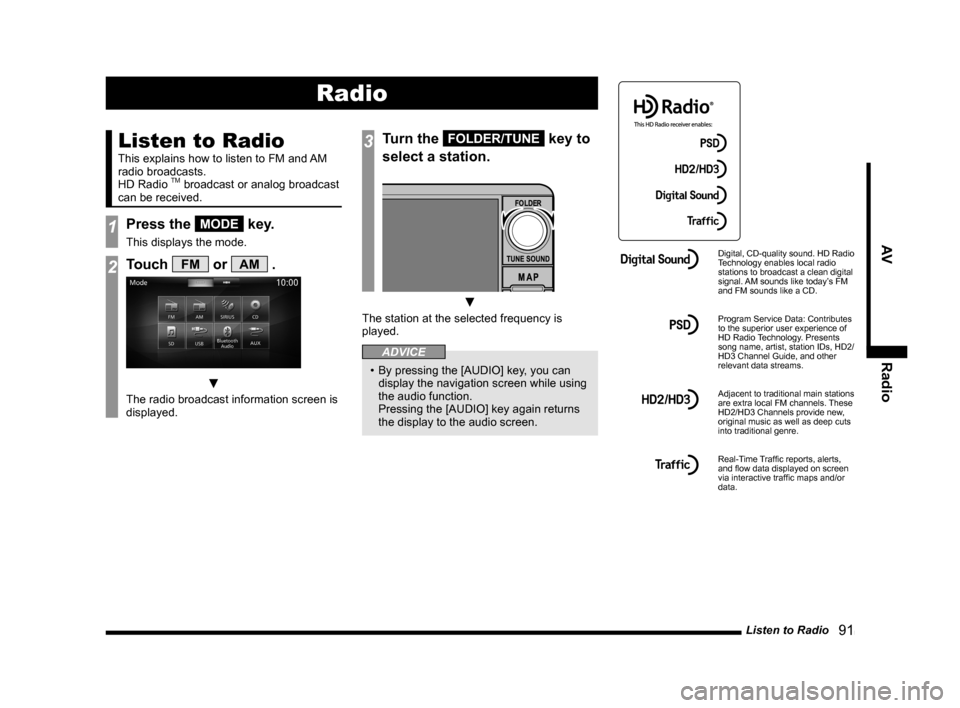 MITSUBISHI LANCER EVOLUTION 2014 10.G MMCS Manual Listen to Radio   91
AV Radio
Radio
Listen to Radio
This explains how to listen to FM and AM 
radio broadcasts.
HD Radio 
TM broadcast or analog broadcast 
can be received.
1Press the MODE key.
This d