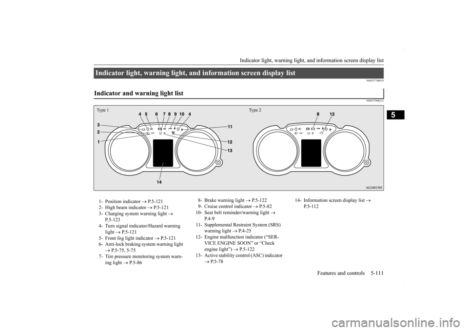 MITSUBISHI LANCER EVOLUTION 2014 10.G Owners Manual Indicator light, warning light, an
d information screen display list Features and controls 5-111
5
N00557700019 N00557800212
Indicator light, warning light, and information screen display list Indicat MITSUBISHI LANCER EVOLUTION 2014 10.G Owners Manual Indicator light, warning light, an
d information screen display list Features and controls 5-111
5
N00557700019 N00557800212
Indicator light, warning light, and information screen display list Indicat