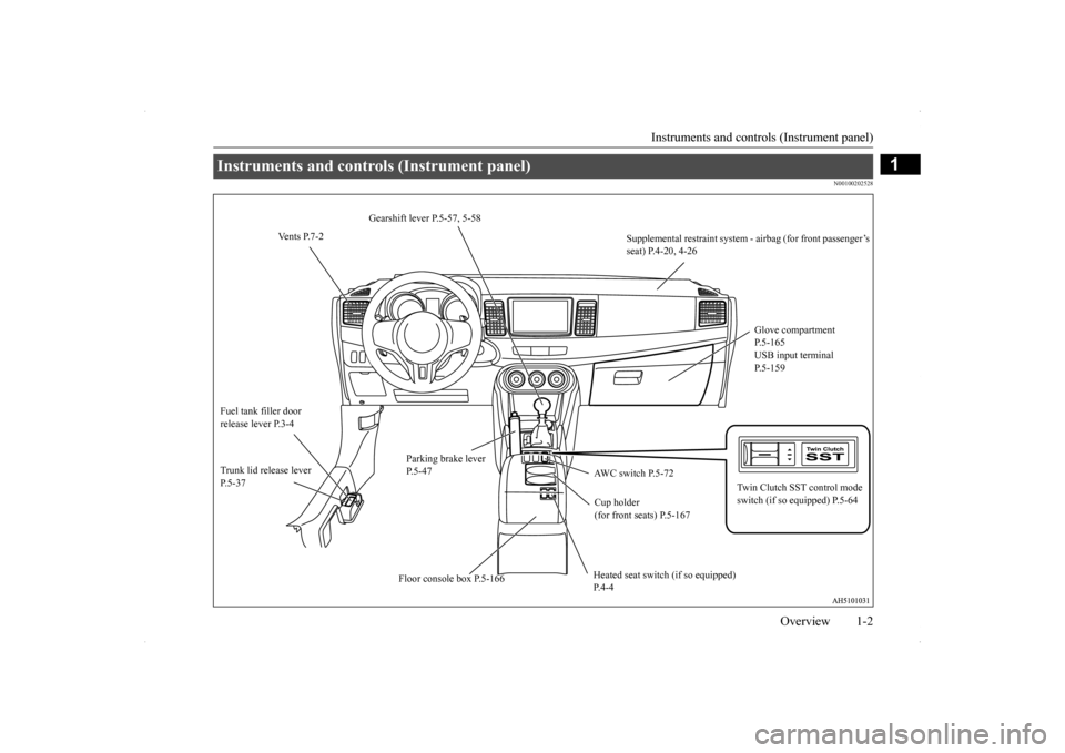 MITSUBISHI LANCER EVOLUTION 2014 10.G Owners Manual Instruments and controls (Instrument panel) 
Overview 1-2
1
N00100202528
Instruments and controls (Instrument panel) 
Gearshift lever P.5-57, 5-58 
Vents P.7-2 
Supplemental restraint system - airbag 