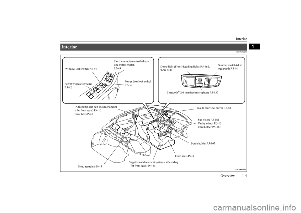 MITSUBISHI LANCER EVOLUTION 2014 10.G Owners Manual Interior 
Overview 1-4
1
N00100302255
Interior 
Electric remote-controlled out- side mirror switch P.5-49 
Sunroof switch (if so  equipped) P.5-44 
Dome light (Front)/R 
eading lights P.5-162,  
9-30,