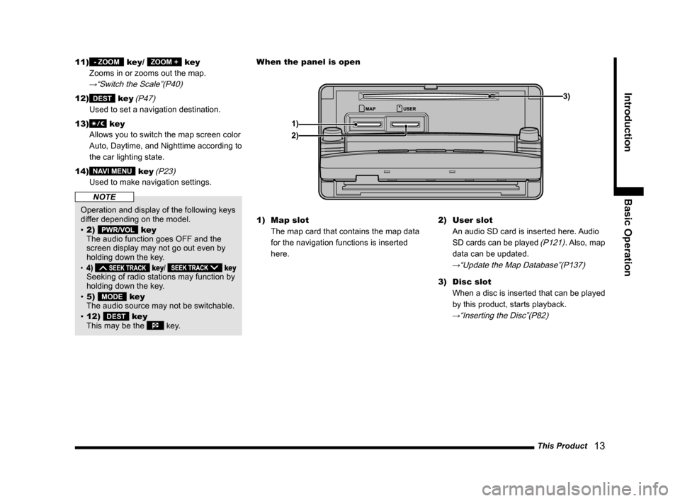 MITSUBISHI LANCER EVOLUTION 2015 10.G MMCS Manual This Product
   13
Introduction Basic Operation
11) - ZOOM key/ ZOOM + key
Zooms in or zooms out the map.
→“Switch the Scale”(P40)
12) DEST key
 (P47)
Used to set a navigation destination.
13) 
