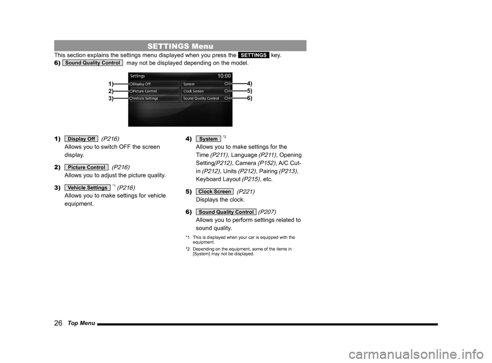 MITSUBISHI LANCER EVOLUTION 2015 10.G MMCS Manual 26   Top Menu
SETTINGS Menu
This section explains the settings menu displayed when you press the SETTINGS key.
6) 
Sound Quality Control 
 may not be displayed depending on the model.
2)1)
3)5)6)
4)
1