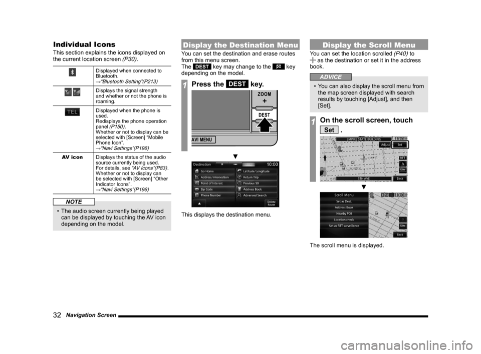 MITSUBISHI LANCER EVOLUTION 2015 10.G MMCS Manual 32   Navigation Screen
Individual Icons
This section explains the icons displayed on 
the current location screen (P30).
Displayed when connected to 
Bluetooth.
→“Bluetooth Setting”(P213)
 Displ