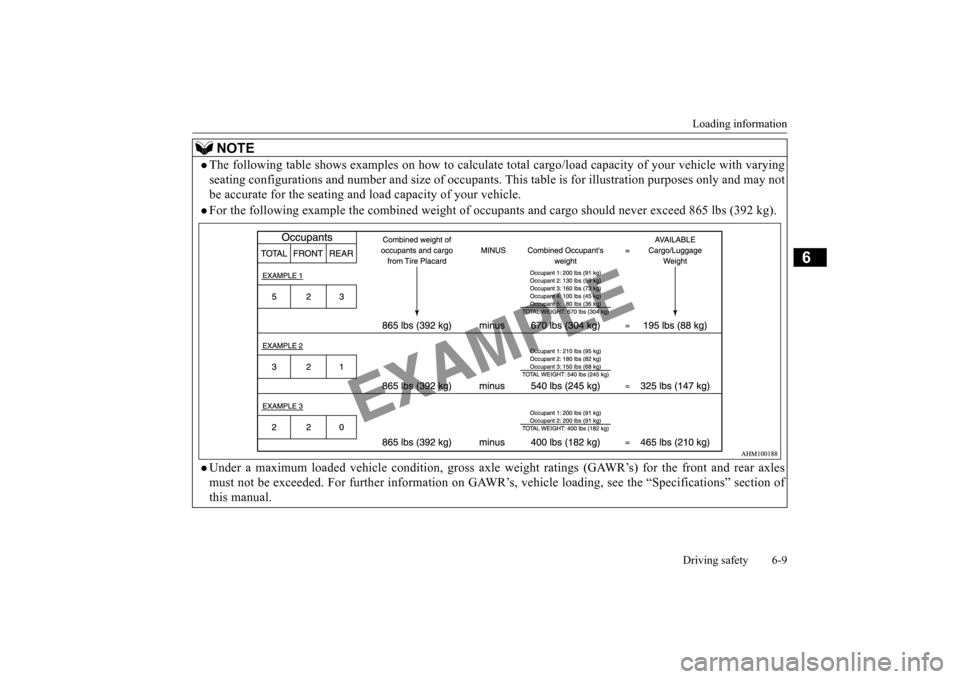 MITSUBISHI LANCER EVOLUTION 2015 10.G Owners Manual Loading information Driving safety 6-9
6
NOTE
The following table shows examples on how to calculate to
tal cargo/load capacity of your vehicle with varying
seating configurations and number and MITSUBISHI LANCER EVOLUTION 2015 10.G Owners Manual Loading information Driving safety 6-9
6
NOTE
The following table shows examples on how to calculate to
tal cargo/load capacity of your vehicle with varying
seating configurations and number and