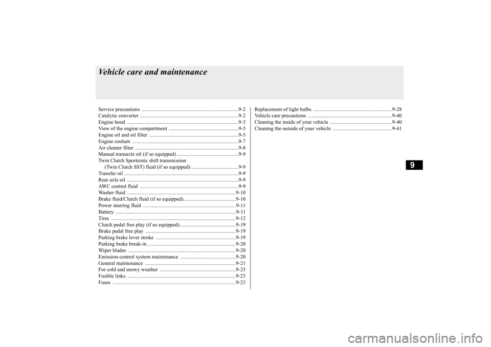 MITSUBISHI LANCER EVOLUTION 2015 10.G Owners Manual 9
Vehicle care and maintenanceService precautions  .........
.................................................................9-2 
Catalytic converter  
...............................................