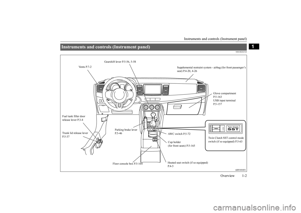 MITSUBISHI LANCER EVOLUTION 2015 10.G Owners Manual Instruments and controls (Instrument panel) 
Overview 1-2
1
N00100202528
Instruments and controls (Instrument panel) 
Gearshift lever P.5-56, 5-58 
Vents P.7-2 
Supplemental restraint system - airbag 