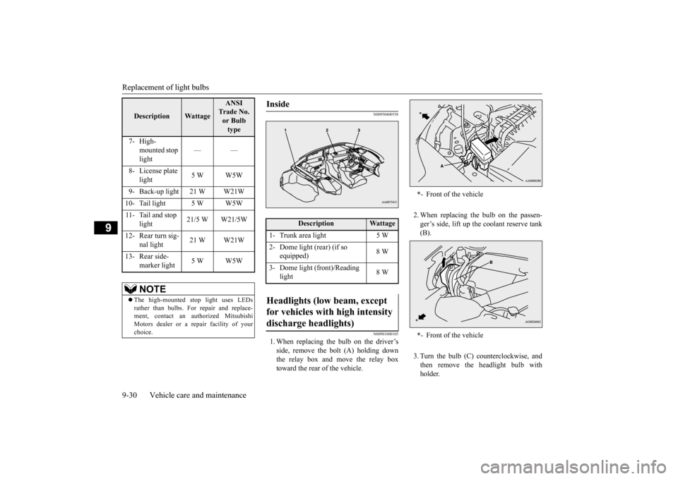 MITSUBISHI LANCER EVOLUTION 2015 10.G Owners Manual Replacement of light bulbs 9-30 Vehicle care and maintenance
9
N00950400558 N00901800105
1. When replacing th 
e bulb on the driver’s 
side, remove the bo 
lt (A) holding down 
the relay box and mov