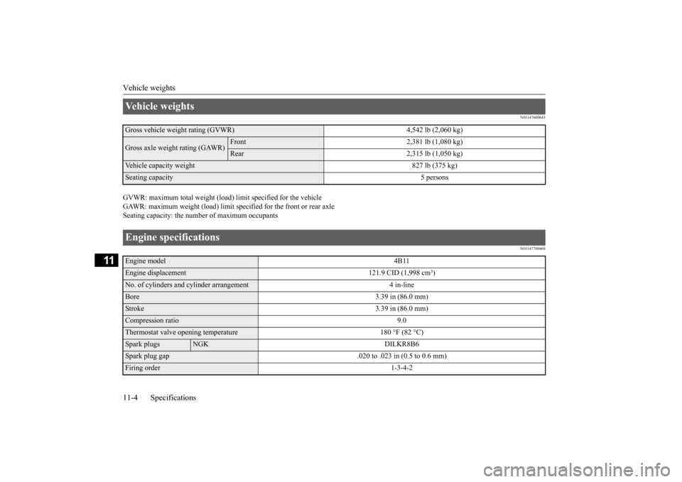 MITSUBISHI LANCER EVOLUTION 2015 10.G Owners Manual Vehicle weights 11-4 Specifications
11
N01147600643
GVWR: maximum total weight (load) limit specified for the vehicle GAWR: maximum weight (load) limit sp
ecified for the front or rear axle
Seating MITSUBISHI LANCER EVOLUTION 2015 10.G Owners Manual Vehicle weights 11-4 Specifications
11
N01147600643
GVWR: maximum total weight (load) limit specified for the vehicle GAWR: maximum weight (load) limit sp
ecified for the front or rear axle
Seating