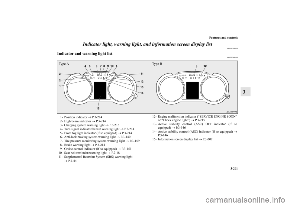 MITSUBISHI LANCER RALLIART 2011 8.G Owners Manual Features and controls
3-201
3 Indicator light, warning light, and information screen display list
N00557700035
Indicator and warning light list
N00557800166
Ty p e  A Ty p e  B1- Position indicator �