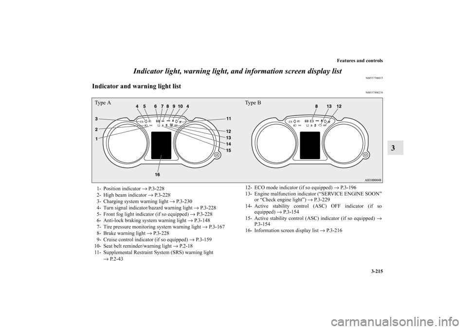 MITSUBISHI LANCER RALLIART 2012 8.G Owners Manual Features and controls
3-215
3 Indicator light, warning light, and information screen display list
N00557700035
Indicator and warning light list
N00557800238
Ty p e  A Ty p e  B1- Position indicator �