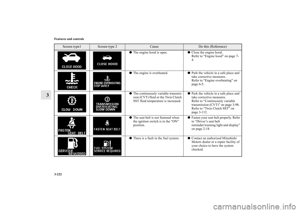 MITSUBISHI LANCER RALLIART 2012 8.G Owners Manual 3-222 Features and controls
3
The engine hood is open.Close the engine hood.
Refer to “Engine hood” on page 7-
4.
The engine is overheated.Park the vehicle in a safe place and 
take corrective