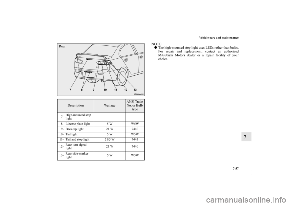 MITSUBISHI LANCER RALLIART 2012 8.G Owners Manual Vehicle care and maintenance
7-57
7
NOTEThe high-mounted stop light uses LEDs rather than bulbs.
For repair and replacement, contact an authorized
Mitsubishi Motors dealer or a repair facility of you