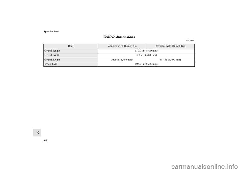 MITSUBISHI LANCER RALLIART 2012 8.G Owners Manual 9-6 Specifications
9Vehicle dimensions
N01147500482
Item
Vehicles with 16 inch tire
Vehicles with 18 inch tire
Overall length 180.0 in (4,570 mm) Overall width  69.4 in (1,760 mm) Overall height 58.3 