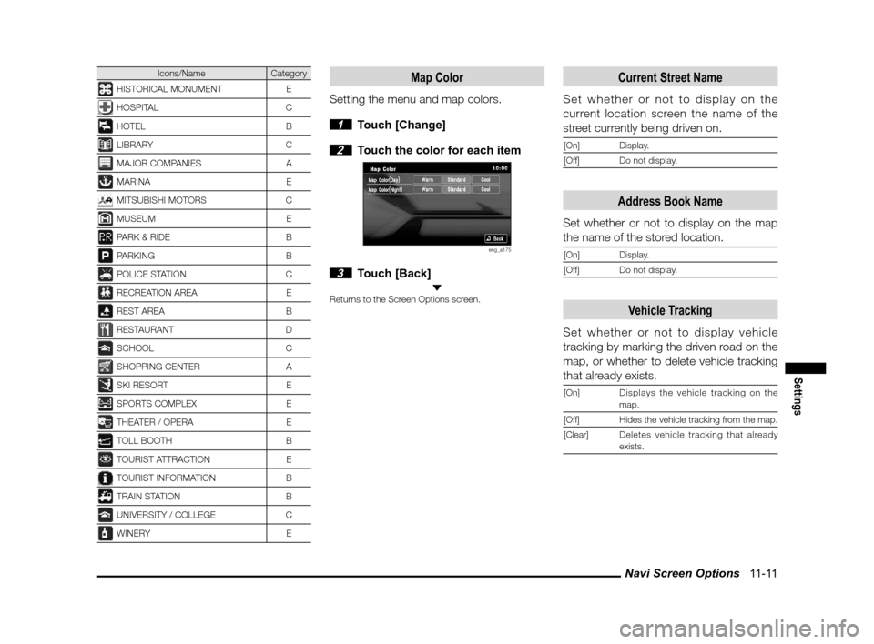 MITSUBISHI LANCER RALLIART 2013 8.G MMCS Manual Navi Screen Options   11-11
Settings
Icons/NameCategory
HISTORICAL MONUMENT E
HOSPITALC
HOTEL B
LIBRARYC
MAJOR COMPANIES A
MARINA E
MITSUBISHI MOTORSC
MUSEUM E
PARK & RIDEB
PARKING B
POLICE STATIONC
R